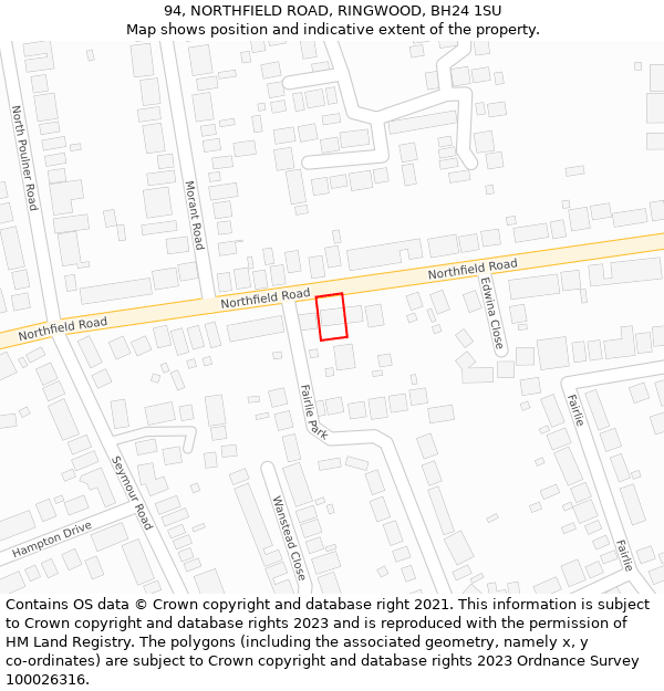 94, NORTHFIELD ROAD, RINGWOOD, BH24 1SU: Location map and indicative extent of plot