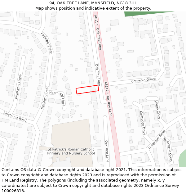 94, OAK TREE LANE, MANSFIELD, NG18 3HL: Location map and indicative extent of plot