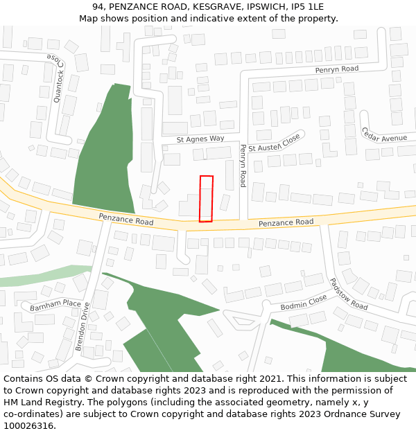 94, PENZANCE ROAD, KESGRAVE, IPSWICH, IP5 1LE: Location map and indicative extent of plot