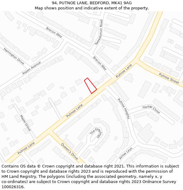 94, PUTNOE LANE, BEDFORD, MK41 9AG: Location map and indicative extent of plot