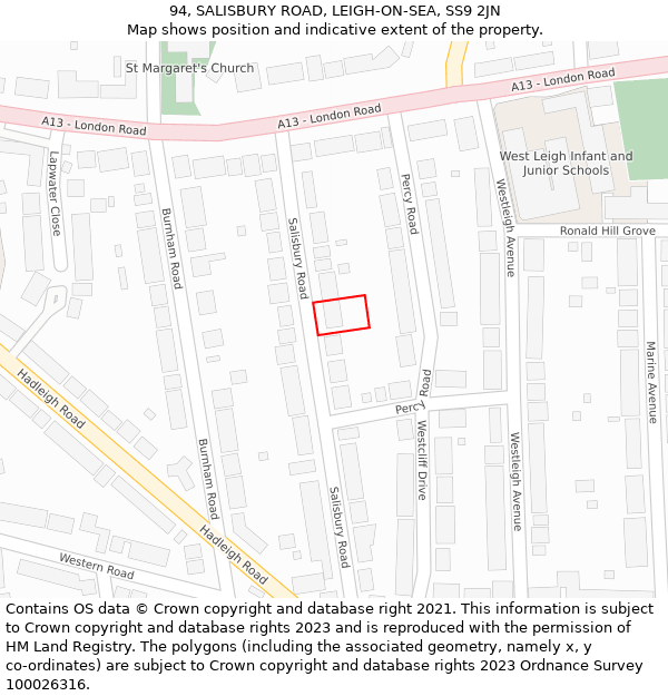 94, SALISBURY ROAD, LEIGH-ON-SEA, SS9 2JN: Location map and indicative extent of plot