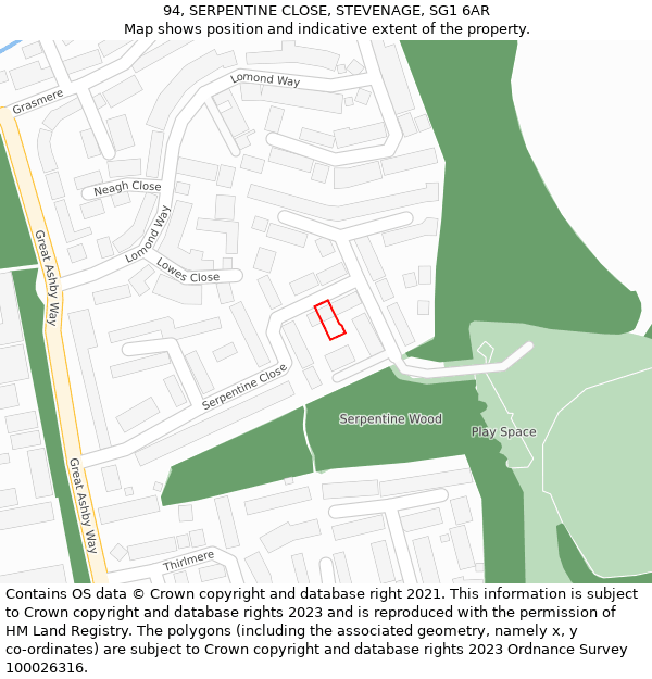 94, SERPENTINE CLOSE, STEVENAGE, SG1 6AR: Location map and indicative extent of plot