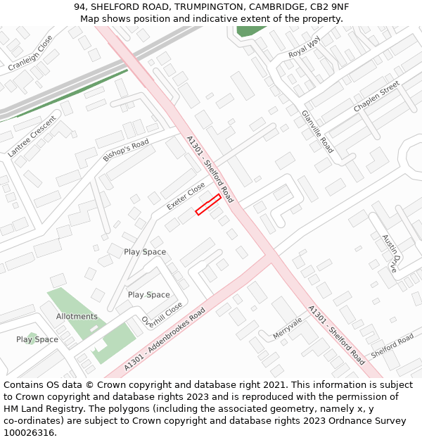 94, SHELFORD ROAD, TRUMPINGTON, CAMBRIDGE, CB2 9NF: Location map and indicative extent of plot