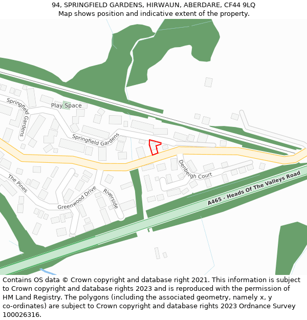 94, SPRINGFIELD GARDENS, HIRWAUN, ABERDARE, CF44 9LQ: Location map and indicative extent of plot