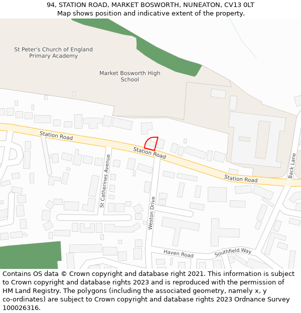 94, STATION ROAD, MARKET BOSWORTH, NUNEATON, CV13 0LT: Location map and indicative extent of plot