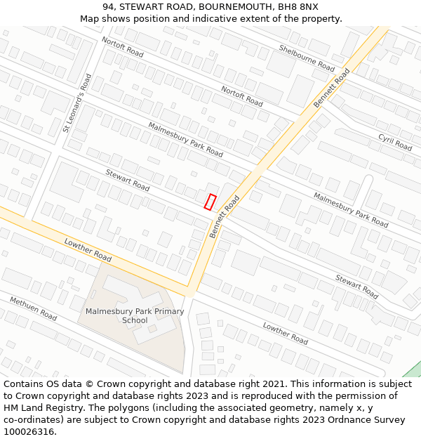 94, STEWART ROAD, BOURNEMOUTH, BH8 8NX: Location map and indicative extent of plot