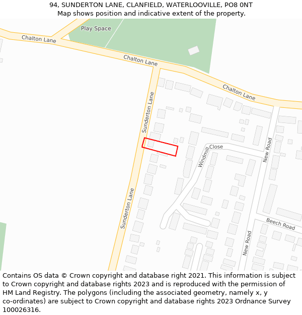 94, SUNDERTON LANE, CLANFIELD, WATERLOOVILLE, PO8 0NT: Location map and indicative extent of plot