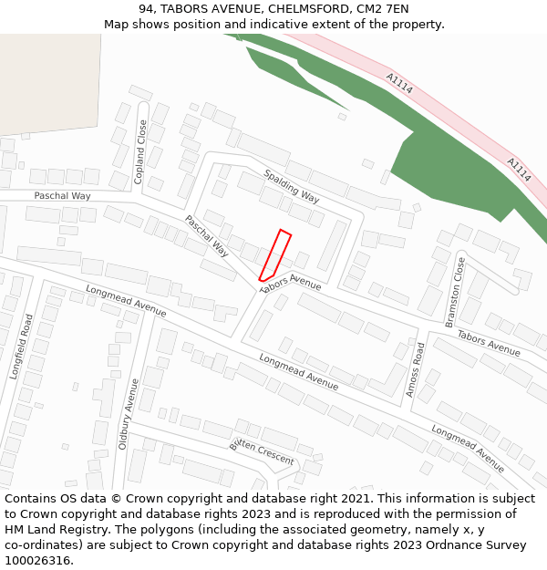 94, TABORS AVENUE, CHELMSFORD, CM2 7EN: Location map and indicative extent of plot