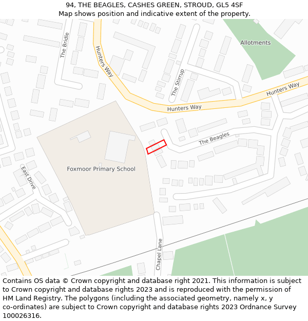 94, THE BEAGLES, CASHES GREEN, STROUD, GL5 4SF: Location map and indicative extent of plot