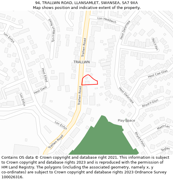 94, TRALLWN ROAD, LLANSAMLET, SWANSEA, SA7 9XA: Location map and indicative extent of plot