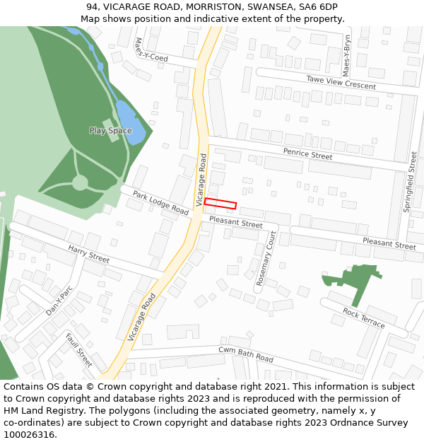 94, VICARAGE ROAD, MORRISTON, SWANSEA, SA6 6DP: Location map and indicative extent of plot