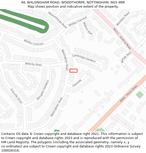 94, WALSINGHAM ROAD, WOODTHORPE, NOTTINGHAM, NG5 4NR: Location map and indicative extent of plot