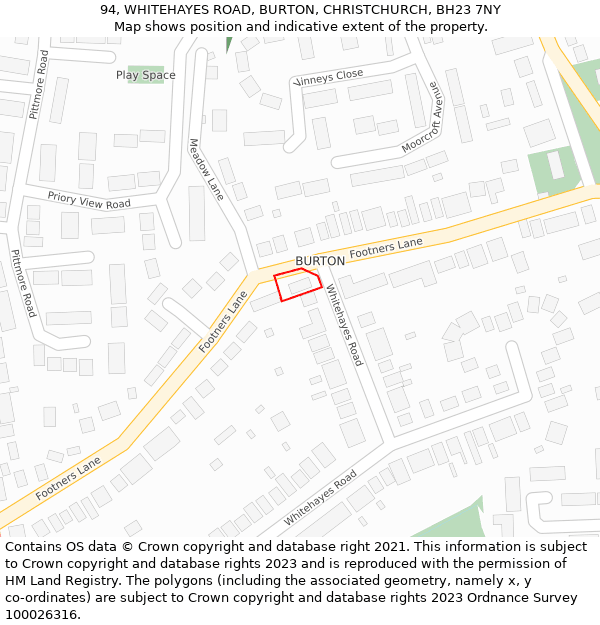 94, WHITEHAYES ROAD, BURTON, CHRISTCHURCH, BH23 7NY: Location map and indicative extent of plot