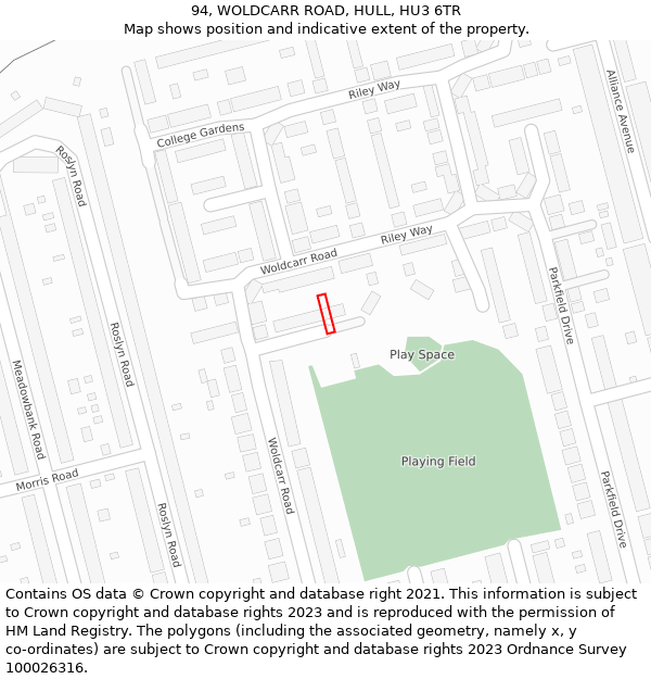 94, WOLDCARR ROAD, HULL, HU3 6TR: Location map and indicative extent of plot