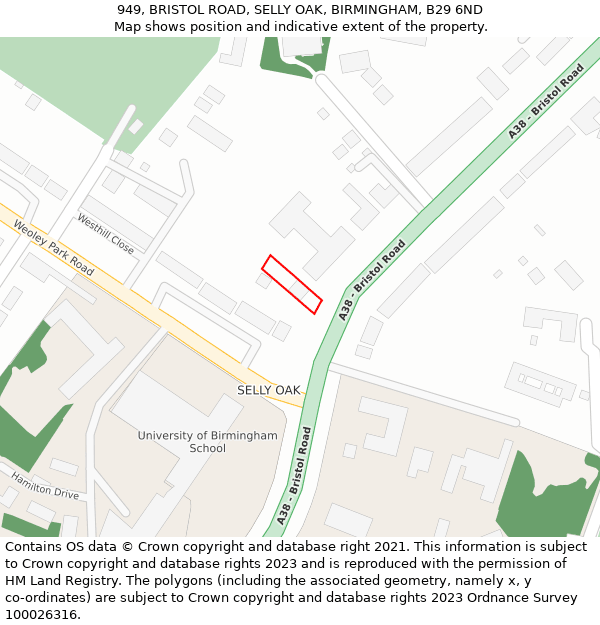 949, BRISTOL ROAD, SELLY OAK, BIRMINGHAM, B29 6ND: Location map and indicative extent of plot