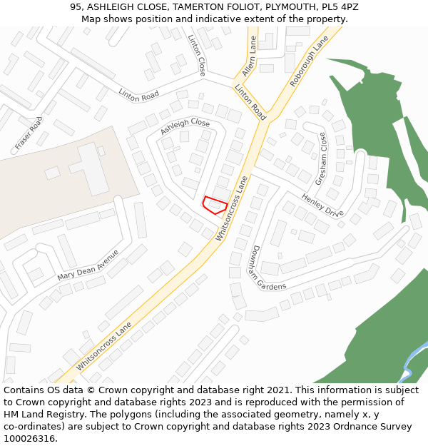 95, ASHLEIGH CLOSE, TAMERTON FOLIOT, PLYMOUTH, PL5 4PZ: Location map and indicative extent of plot