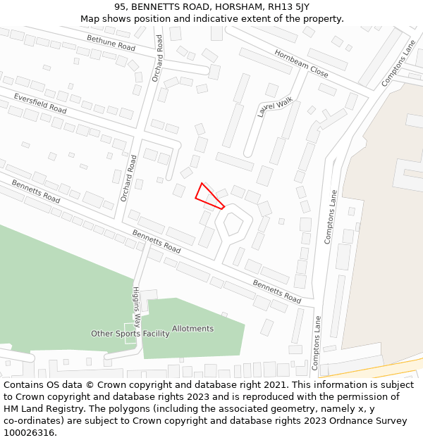 95, BENNETTS ROAD, HORSHAM, RH13 5JY: Location map and indicative extent of plot