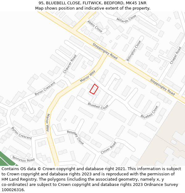 95, BLUEBELL CLOSE, FLITWICK, BEDFORD, MK45 1NR: Location map and indicative extent of plot