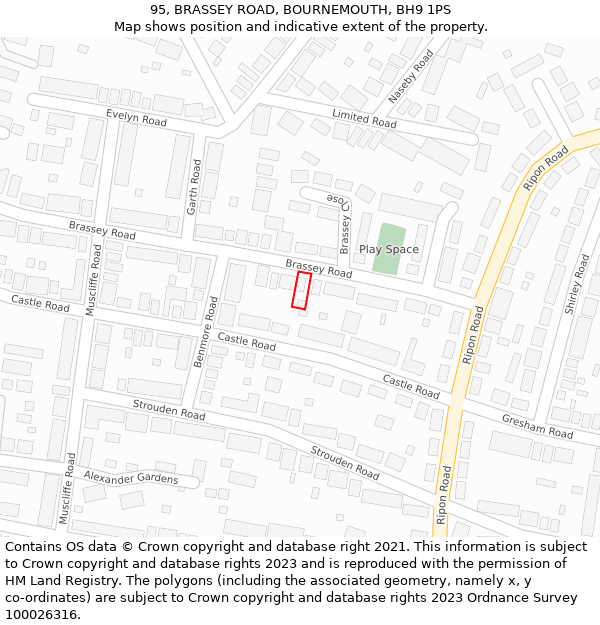 95, BRASSEY ROAD, BOURNEMOUTH, BH9 1PS: Location map and indicative extent of plot