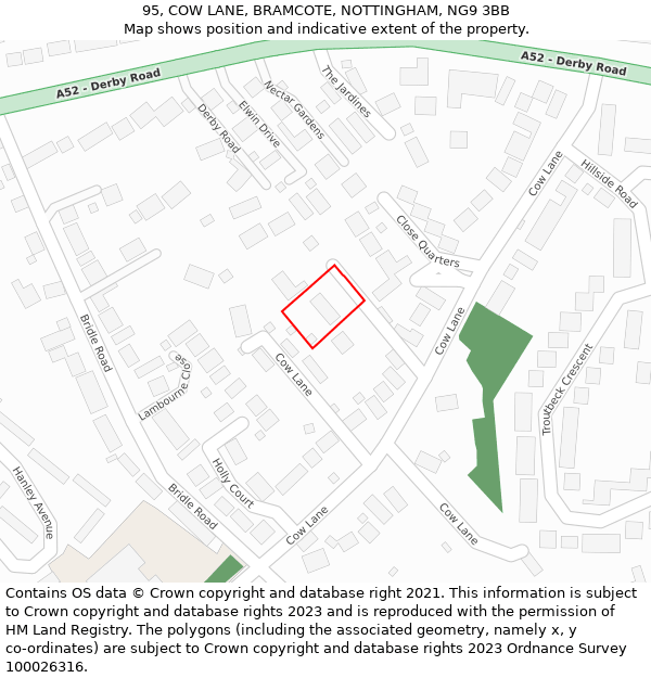 95, COW LANE, BRAMCOTE, NOTTINGHAM, NG9 3BB: Location map and indicative extent of plot