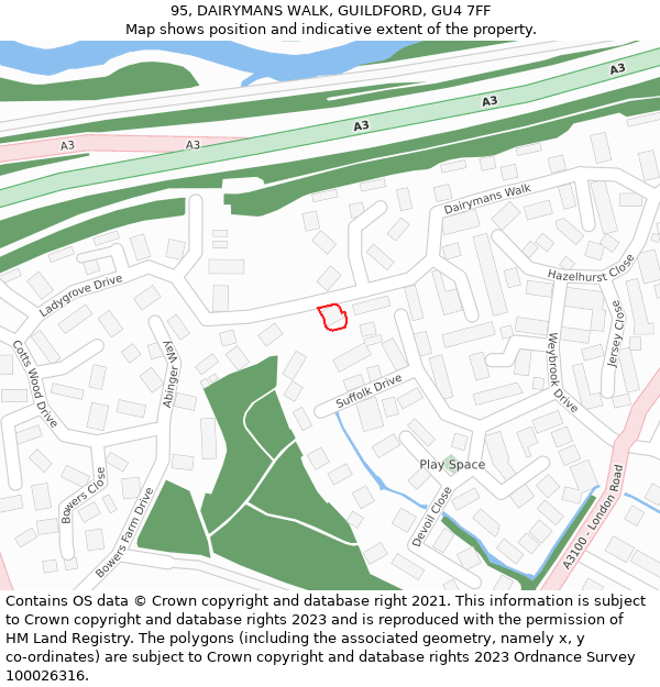 95, DAIRYMANS WALK, GUILDFORD, GU4 7FF: Location map and indicative extent of plot