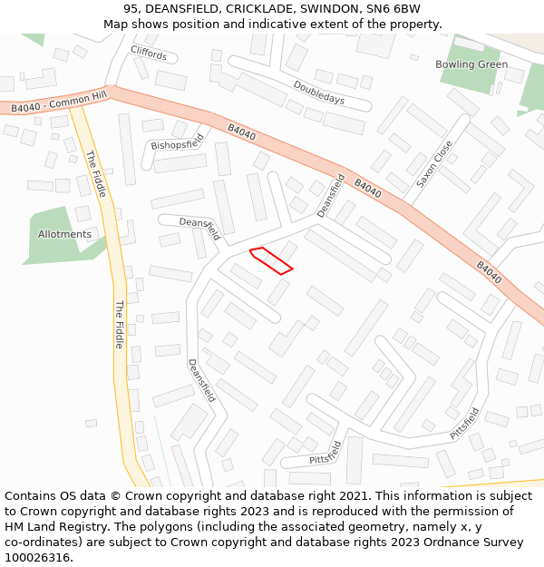 95, DEANSFIELD, CRICKLADE, SWINDON, SN6 6BW: Location map and indicative extent of plot