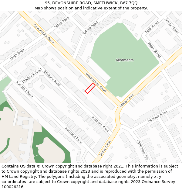 95, DEVONSHIRE ROAD, SMETHWICK, B67 7QQ: Location map and indicative extent of plot