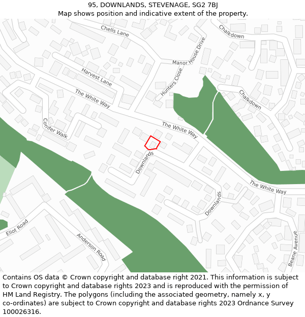 95, DOWNLANDS, STEVENAGE, SG2 7BJ: Location map and indicative extent of plot