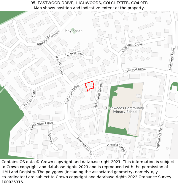 95, EASTWOOD DRIVE, HIGHWOODS, COLCHESTER, CO4 9EB: Location map and indicative extent of plot