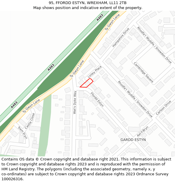 95, FFORDD ESTYN, WREXHAM, LL11 2TB: Location map and indicative extent of plot