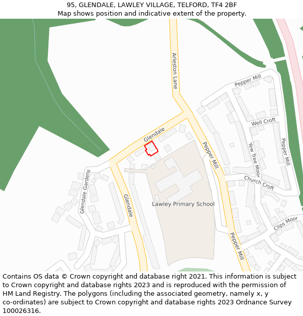 95, GLENDALE, LAWLEY VILLAGE, TELFORD, TF4 2BF: Location map and indicative extent of plot