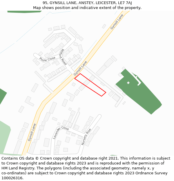 95, GYNSILL LANE, ANSTEY, LEICESTER, LE7 7AJ: Location map and indicative extent of plot