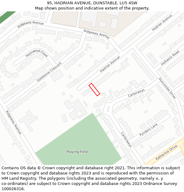 95, HADRIAN AVENUE, DUNSTABLE, LU5 4SW: Location map and indicative extent of plot