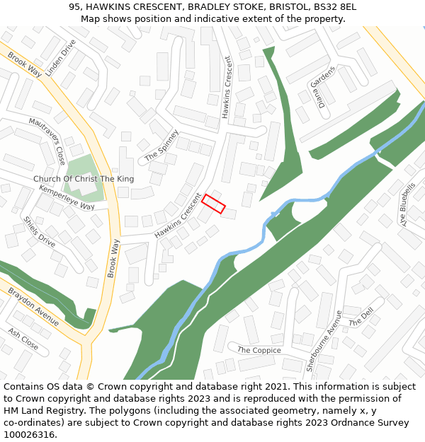 95, HAWKINS CRESCENT, BRADLEY STOKE, BRISTOL, BS32 8EL: Location map and indicative extent of plot