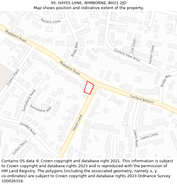 95, HAYES LANE, WIMBORNE, BH21 2JD: Location map and indicative extent of plot