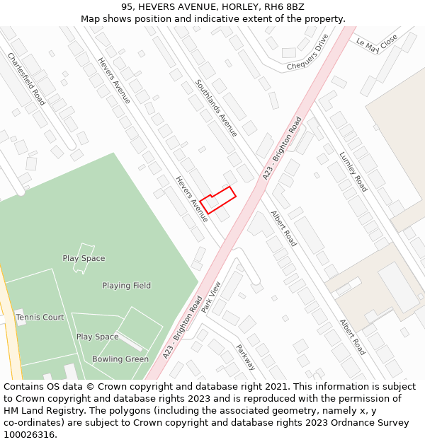 95, HEVERS AVENUE, HORLEY, RH6 8BZ: Location map and indicative extent of plot