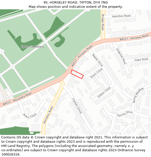 95, HORSELEY ROAD, TIPTON, DY4 7NG: Location map and indicative extent of plot