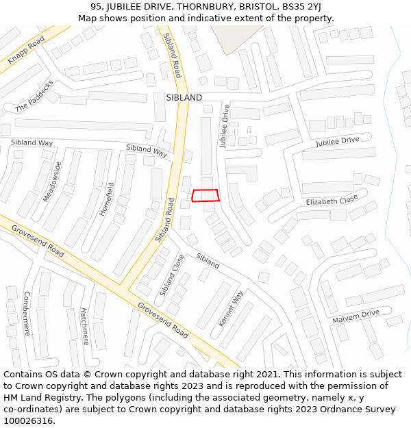 95, JUBILEE DRIVE, THORNBURY, BRISTOL, BS35 2YJ: Location map and indicative extent of plot