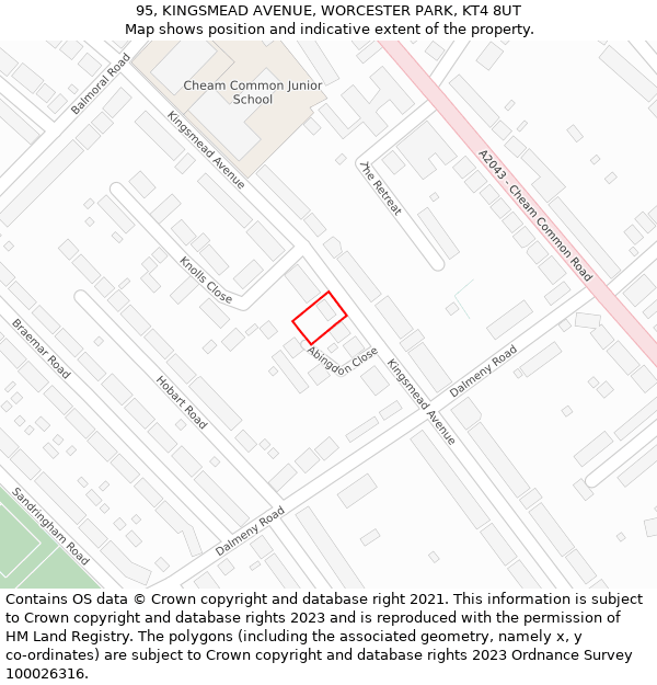 95, KINGSMEAD AVENUE, WORCESTER PARK, KT4 8UT: Location map and indicative extent of plot