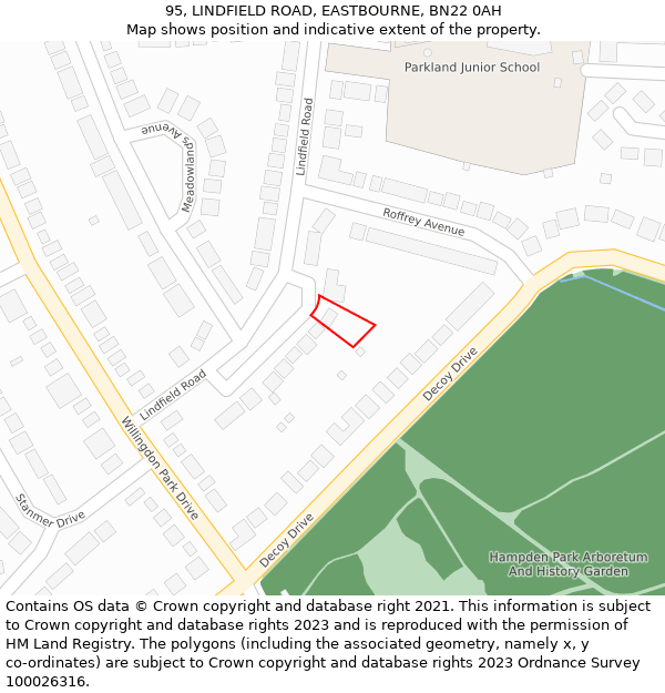 95, LINDFIELD ROAD, EASTBOURNE, BN22 0AH: Location map and indicative extent of plot