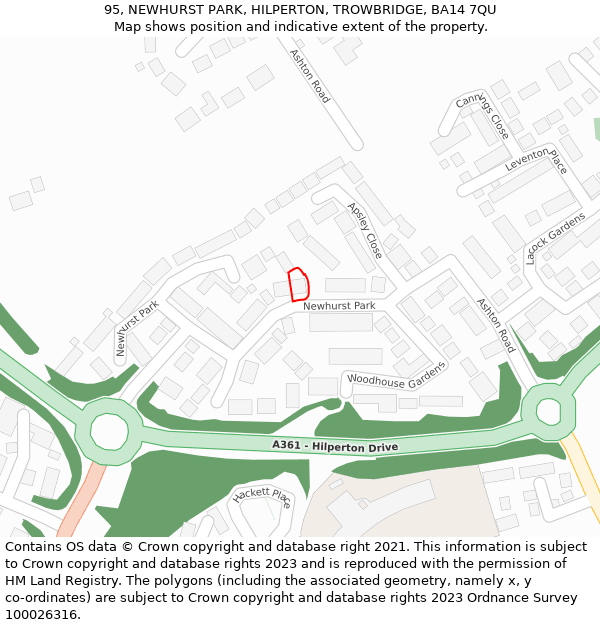 95, NEWHURST PARK, HILPERTON, TROWBRIDGE, BA14 7QU: Location map and indicative extent of plot