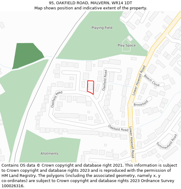 95, OAKFIELD ROAD, MALVERN, WR14 1DT: Location map and indicative extent of plot