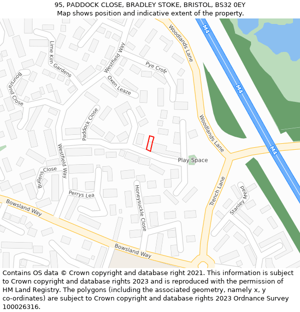 95, PADDOCK CLOSE, BRADLEY STOKE, BRISTOL, BS32 0EY: Location map and indicative extent of plot