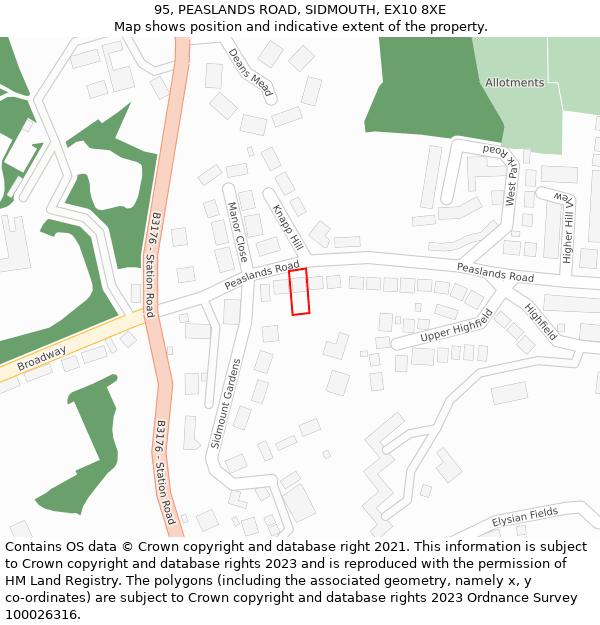 95, PEASLANDS ROAD, SIDMOUTH, EX10 8XE: Location map and indicative extent of plot