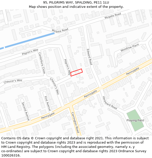 95, PILGRIMS WAY, SPALDING, PE11 1LU: Location map and indicative extent of plot