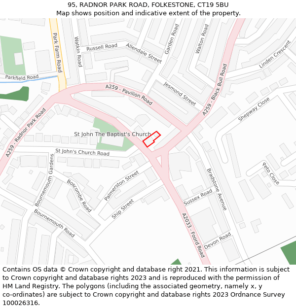 95, RADNOR PARK ROAD, FOLKESTONE, CT19 5BU: Location map and indicative extent of plot