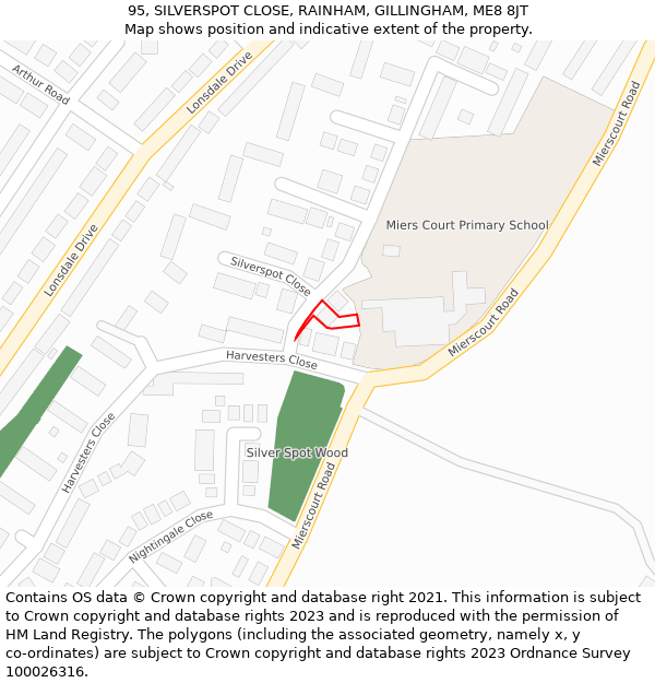 95, SILVERSPOT CLOSE, RAINHAM, GILLINGHAM, ME8 8JT: Location map and indicative extent of plot