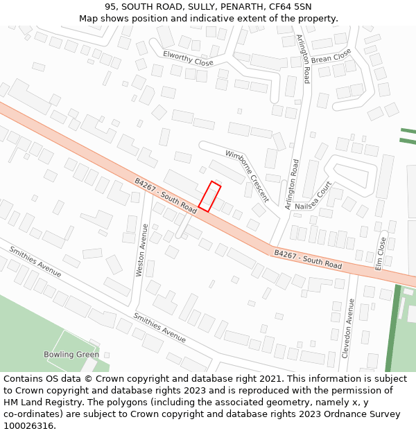 95, SOUTH ROAD, SULLY, PENARTH, CF64 5SN: Location map and indicative extent of plot