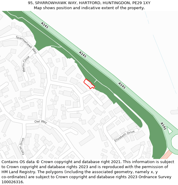 95, SPARROWHAWK WAY, HARTFORD, HUNTINGDON, PE29 1XY: Location map and indicative extent of plot