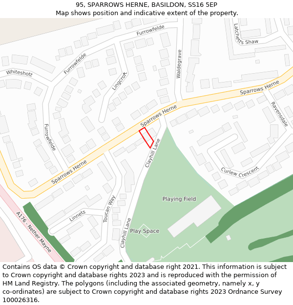 95, SPARROWS HERNE, BASILDON, SS16 5EP: Location map and indicative extent of plot